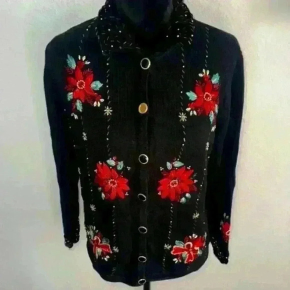 Theme Works by Kikit Cardigan Christmas Black Sequin‎ Red Poinsettias - Picture 1 of 5